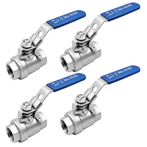 4 Pack 1/2" Ball Valve 304 Stainless Steel Full Port Shut Off Valve, NPT Female x NPT Female, Locking Handle, 1000 WOG for Water, Oil, Gas & Air Applications - size: 1/2inch