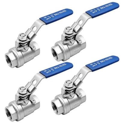 4 Pack 1/2" Ball Valve 304 Stainless Steel Full Port Shut Off Valve, NPT Female x NPT Female, Locking Handle, 1000 WOG for Water, Oil, Gas & Air Applications - size: 1/2inch