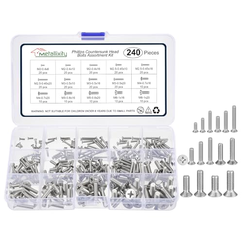 METALLIXITY M2-M6 240Pcs Countersunk Machine Bolt Assortment Set 304 - size: M2M2.5M3M4M5M6