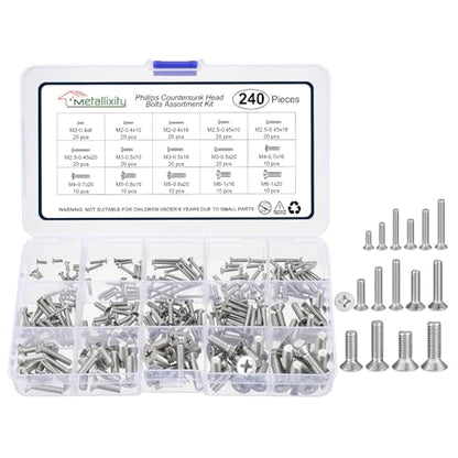 METALLIXITY M2-M6 240Pcs Countersunk Machine Bolt Assortment Set 304 - size: M2M2.5M3M4M5M6