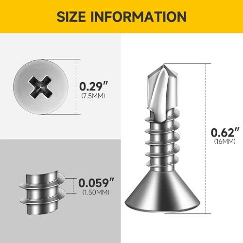 Mywish (500Pcs) #8 x 5/8" Sheet Metal Screws, Flat Phillips Head 410 Stainless Steel Self Tapping Screws for Metal, Self Drilling Mouting Screws for Metal Plastic & Wood - size: #8 x 5/8"