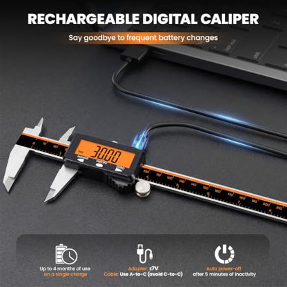 HARDELL Digital Caliper 12" USB-C Charging – Orange Display, Non-Backlit - size: 12 Inch