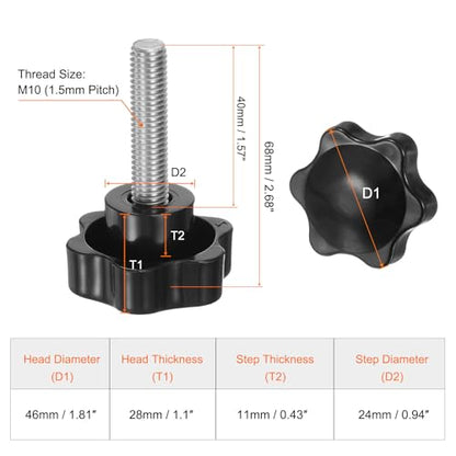 HARFINGTON 4pcs Star Knobs M10 x 40mm 304 Stainless Steel Threaded Stud 46mm Plastic 6-Star Head Hand Tightening Thumb Screw Clamping Jig Knob Handle, Black - size: M10 x 40mm x 46mm