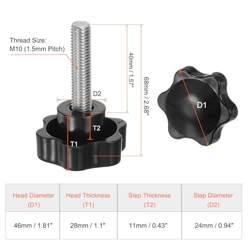 HARFINGTON 4pcs Star Knobs M10 x 40mm 304 Stainless Steel Threaded Stud 46mm Plastic 6-Star Head Hand Tightening Thumb Screw Clamping Jig Knob Handle, Black - size: M10 x 40mm x 46mm