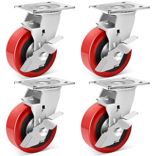 Nefish 5 Inch Industrial Grade Casters Wheels, Heavy Duty Polyurethane Casters Set of 4 with Dual Ball Bearing, Solid Polyurethane Wheel 3500 Lb, Plate Swivel Casters for, Industrial, Equipment - style: 5 IN (4 Brakes)