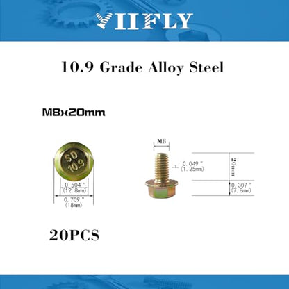 M8 x 20mm Flanged Hex Head Bolts, M8x1.25 Pitch, Grade 10.9 Alloy Steel, Color Zinc Plated, Full Thread, 20 Pack - size: M8 x 20mm(20PCS)