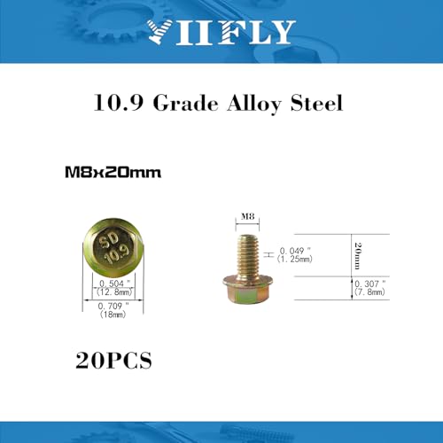 M8 x 20mm Flanged Hex Head Bolts, M8x1.25 Pitch, Grade 10.9 Alloy Steel, Color Zinc Plated, Full Thread, 20 Pack - size: M8 x 20mm(20PCS)