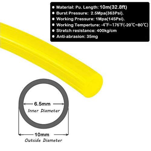 Beduan 10mm x 6.5mm Yellow Pneumatic Tubing Pipe PU Polyurethane Air Compressor Tubing Hose Pipe Line Fluid Transfer 32.8ft 10 Meter - color: *Yellow, size: 10mmx6.5mm-10m