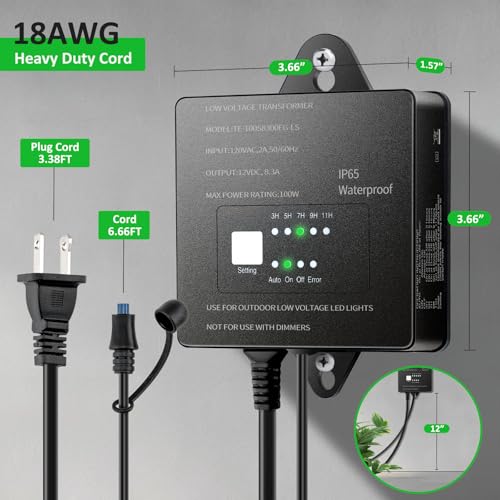 100W Low Voltage Landscape Lighting Transformer 12V DC with Timer Photocell