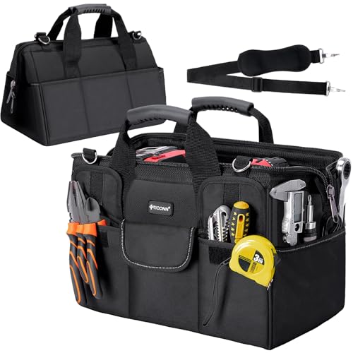TICONN Heavy Duty Tool Bag Organizer, Portable Tool Box with Shoulder Strap - color: Black, size: 16" Standard Base