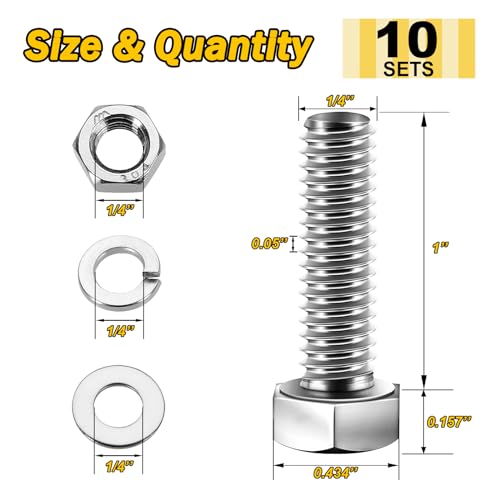 Mywish (10 Sets) 1/4-20x1 Hex Head Assorted Screws Nuts and Bolts with Flat & Lock Washers, 304 Stainless Steel 18-8, Fully Threaded, 1/4 Bolt Metric Bolt Assortment - size: 1/4-20 x 1 (10 set)