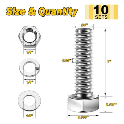 Mywish (10 Sets) 1/4-20x1 Hex Head Assorted Screws Nuts and Bolts with Flat & Lock Washers, 304 Stainless Steel 18-8, Fully Threaded, 1/4 Bolt Metric Bolt Assortment - size: 1/4-20 x 1 (10 set)