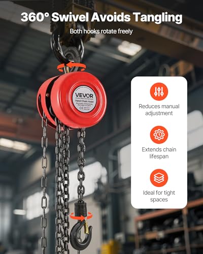 VEVOR Hand Chain Hoist, 1 Ton 2200 lbs Capacity, Manual Chain Block with Upgrade G70 Galvanized Chain, 20 ft Lifting Height, Heavy Duty Pulley Hoist for Garage Warehouse Automotive Machinery, Red