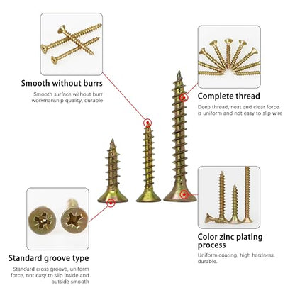 Wood Screws Assortment Kit, 175Pcs, #6#8#10 Self Tapping Screws, Yellow Zinc Plated, Flat Head Phillips Screws Set, Assorted Screws, Screw Assortment, Length 1/2, 3/4, 1, 1-1/2 Inch, Gold - size: #6#8#10 Screws Kit (1/2"-1-1/2")
