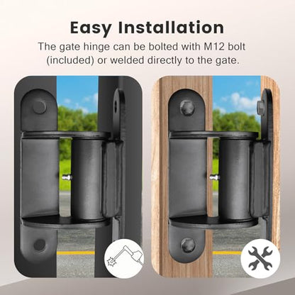 Heavy Duty Gate Hinges with Sealed Bearings and 8 Screws, Adjustable Yoke Pivot, Suitable for Large Driveway Gates Up to 1100 Pounds, Two Pack, Carbon Black (Curved Flat Hinge) - color: Curved flat hinge