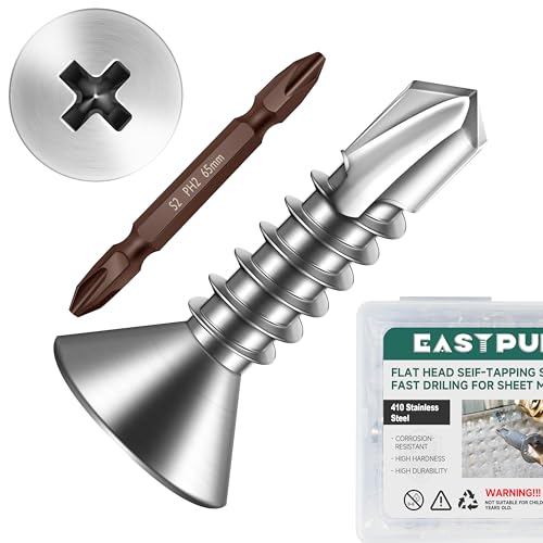 300pcs #10 x 3/4 Sheet Metal Self Tapping Screws Assortment Kit, 410 Stainless Steel Flat Head High-Strength Fast Self-Drilling Screws, Bright Finish - size: #10x3/4"