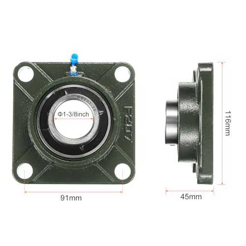 uxcell 2pcs UCF207-22 Pillow Block Bearings 1-3/8 inch Bore Self Alignment, Solid Cast Iron Base Square Flange Mounted Chrome Steel Bearings - size: UCF207-22