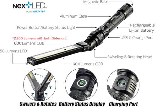 NextLED NT-7544 Heavy Duty Folding Work Light, Rechargeable, Double-Sided, 600x2 Lumen, Slim Magnetic Flashlight, W/Top Light, Aluminum Body, Magnetic Flashlight for Auto Repair/HVAC Inspection, IPX4 - style: 1200 Lumen Double Sided