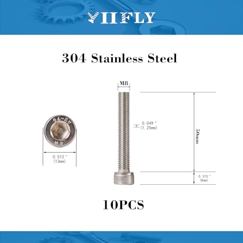 M8x1.25 x 50mm Socket Head Cap Screws Metric, 304 Stainless Steel (A2-70), Allen Socket Drive, Bright Finish, Full Machine Thread, Quantity 10 - size: M8 x 50mm(10PCS)