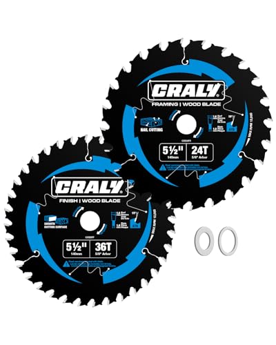 CRALY 5-1/2 Inch 24&36 Teeth Wood Cutting Framing/Fine Finish Circular Saw Blade, 5/8 Inch Arbor, Carbide Tipped, Thin Kerf, Black Ice™, for Plywood, MDF, OSB, Laminated, 2-Pack(C052436-2) - size: 5-1/2'', 5/8'' arbor, 24&36T