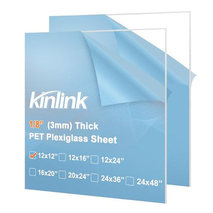 KINLINK 12x12 Plexiglass Sheets 1/8 inch Thick, 3mm Clear PET Plastic Sheet for DIY Project, Craft, Table top, Picture Frame, Acrylic Sign and Wedding Invitation 2 Pack - size: 12 x 12, 3mm