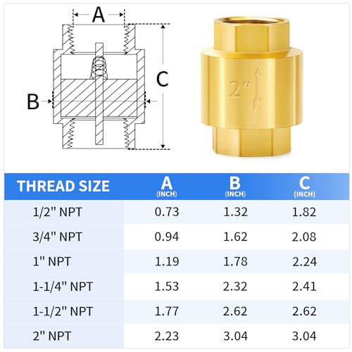ChillWaves Brass In-Line Spring Check Valve 2" NPT Female Thread, One-Way Non-return Vertical Check Valve for Backflow Prevention(1-PACK) - size: 2" FNPT