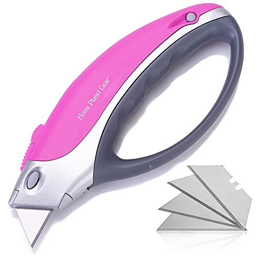 Pink Box Cutter Retractable Utility Knife - Heavy Duty Box Cutter Knife Cardboard Cutter - Box Opener Razor Blades Knife with 5 Sharp Utility Blades - color: Pink