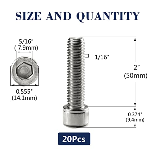3/8-16 x 2 Socket Head Cap Screws Bolts, 20Pcs 304 Stainless Steel 18-8, Allen Socket Hex Drive, Full Thread, Bright Finish by SG TZH(with Hex Spanner) - size: 3/8-16 x 2"