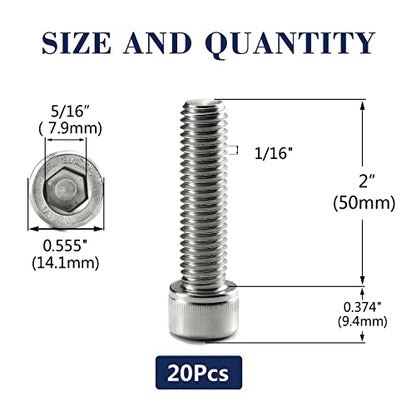 3/8-16 x 2 Socket Head Cap Screws Bolts, 20Pcs 304 Stainless Steel 18-8, Allen Socket Hex Drive, Full Thread, Bright Finish by SG TZH(with Hex Spanner) - size: 3/8-16 x 2"