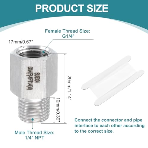 uxcell Pipe Fitting Reducing Adapter, 1/4" NPT Male x G1/4" Female 304 Stainless Steel Reducer Connectors for Water Oil Air Pressure Gauge, Silver - size: 1/4" NPT x G1/4"