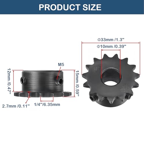 2Pcs 15 Tooth Roller Sprocket B Type, Single Strand 1/4 Inch Pitch, #25 Chain, 10mm Bore Black Oxide C45 Carbon Steel with Set Screws for ISO 04C