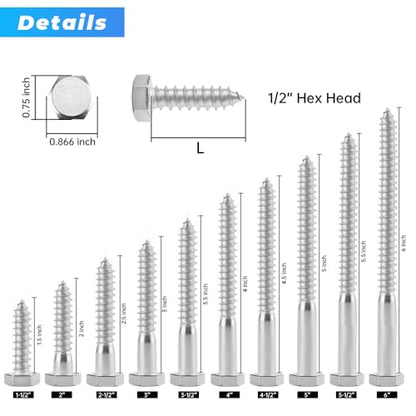 Glvaner (8 pcs) 1/2" x 1-1/2" Stainless Steel Hex Head Lag Bolts, Hexagonal Head Lag Screws, 304 Stainless Steel 18-8, Secure Hold for Wood - size: 1/2 x 1-1/2"