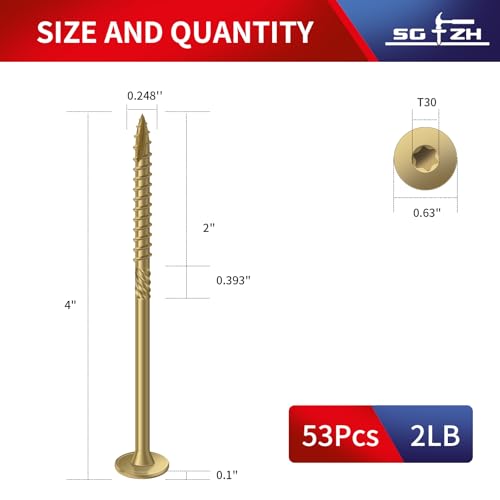 #14 x 4 Inch Outdoor Structural Wood Deck Screws (53Pcs/2lb), Carbon Steel, Tan, Flat Head, Rust Resistant Epoxy Coated, T30 Star Bit - color: Tan, size: #14 x 4"