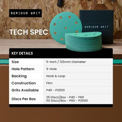 Serious Grit - 5-Inch 9-Hole P320 Grit Sanding Discs - 50 Pack Box - size: 320 Grit