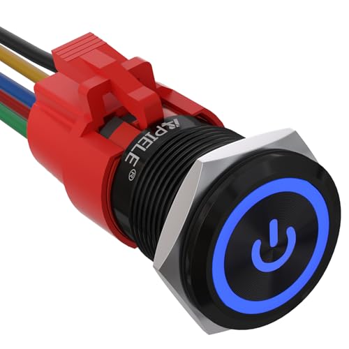 APIELE 19mm Latching Push Button Switch 3/4" 12V DC Black Shell Power Symbol LED with Socket Plug 1NO1NC SPDT ON/Off (Blue/Black Shell) - color: Blue/ Black Shell