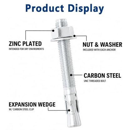 20 Pcs 3/4" x5-1/2 Concrete Wedge Anchors Zinc Plated Heavy Duty