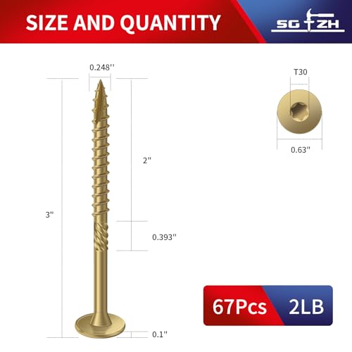 #14 x 3 Inch Outdoor Structural Wood Deck Screws (67Pcs/2lb), Carbon Steel, Tan, Flat Head, Rust Resistant Epoxy Coated, T30 Star Bit - color: Tan, size: #14 x 3"