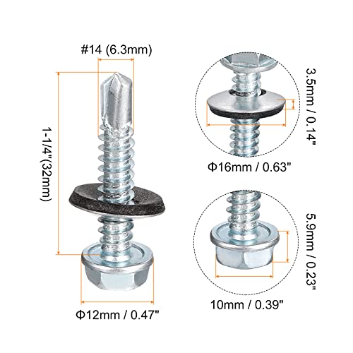 uxcell #14 x 1-1/4" Self Drilling Screws with Rubber Washer, 100pcs Zinc Plated Steel Roofing Screws Hex Head Self Tapping Screws with EPDM Washer for Metal to Metal - size: #14 x 1-1/4"