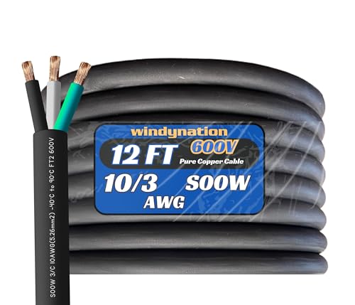 WindyNation 12 Feet 10/3 10 AWG SOOW SO Cable Cord Wire - 10 Gauge 3 Conductor 600V Portable Power Extension Cord Cable for EV Chargers, Motor Leads, Portable Lights, and Battery Chargers - size: 12 Feet