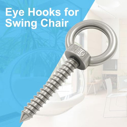 4pcs Heavy Duty Screw Eye Hooks M10-4 Inch Self Tapping Stainless Steel Eyelet Screw with 500 LBS Load Capacity for Hanging, Hammock & Swing Chair - size: 4 Inch