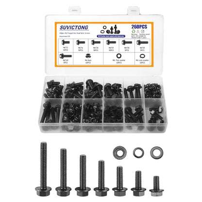 260Pcs M6 Black Flange Bolts Assortment Kit with Flange Nuts,Washers & Lock Spring Washers,M6-1.0x12/16/20/25/30/35/40mm Hex Head Screw,Carbon Steel Full Thread DIN 6921 - size: Black M6 Flange Blots Kit