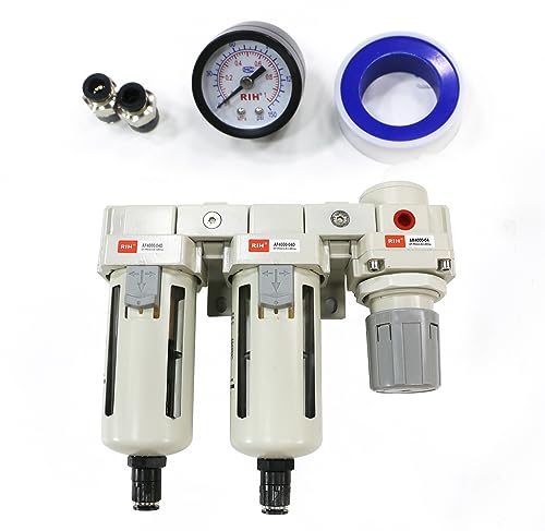 RIH Pneumatics 1/2'' NPT Auto Drain Compressed Air Double Filter & Regulator, Air Drying System, Air Compressor Water Separator, Auto Drain, Poly Bowl,0-150 psi Gauge, 5 Micron Brass Element (1/2 NPT) - size: 1/2'' NPT Auto Drain