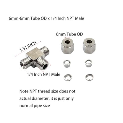 1 Pcs Stainless Steel 6mm Tube OD x 1/4 Inch NPT Male Thread Compression Tube Tee Fittings for Fuel, Oil, Gas, Water and Other Pipeline Systems