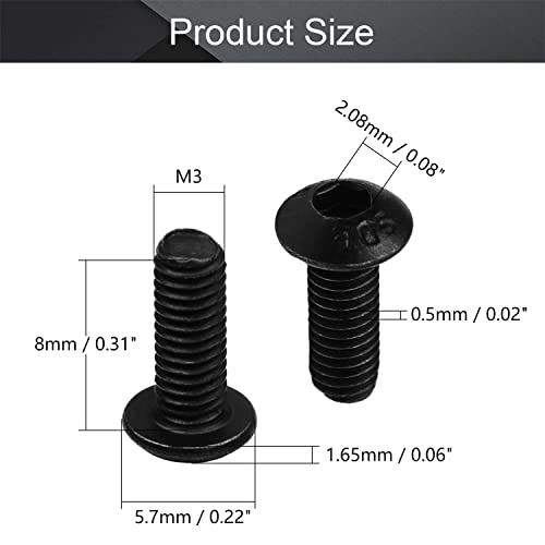 MroMax 100Pcs M3 x 8mm Button Head Socket Cap Bolts Screws, Alloy Steel 10.9 Grade, Allen Socket Drive, Black Oxide Finish, Fully Machine Thread - size: M3 x 8mm