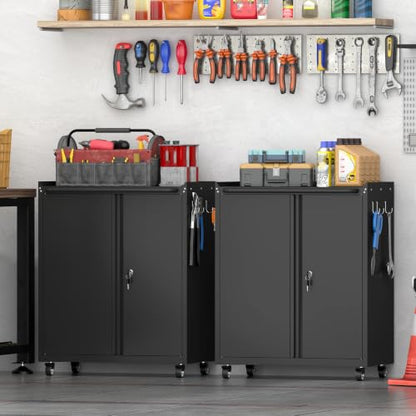 Garage Storage Cabinet with Wheels, Black Storage Cabinet with Adjustable Shelves, Rolling Cabinet with Dual-Side Pegboard, Tool Cabinets for Garage, Basement, Home Office - color: 32"h - Black