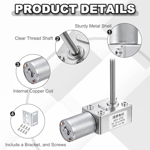 MECCANIXITY JGY-370 12V 66RPM DC Worm Gear Motor M6 Thread Shaft