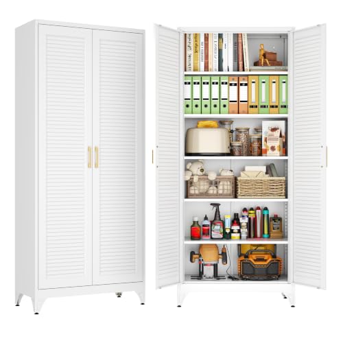 75" Metal Pantry Cabinet,Kitchen Storage Cabinet with Shelves - color: White, size: 75"H-Louvered