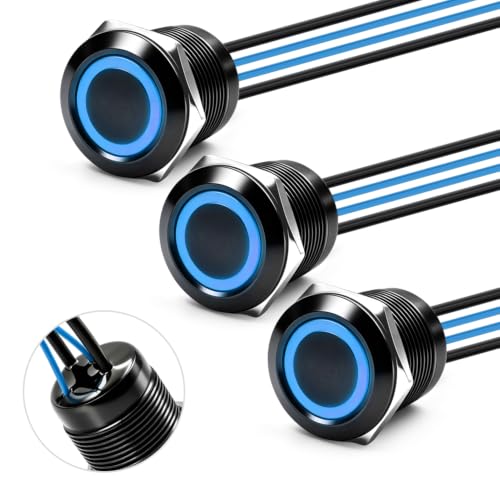 3PCS 19mm 20A Momentary LED Push Button Switch IP67 12V-24V DC Blue - color: Blue Black Shell, size: Momentary