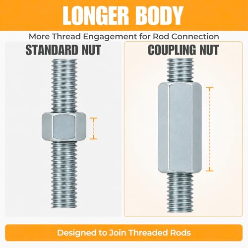 1/4-20 Hex Coupling Nut, Pack of 12 Zinc-Plated Carbon Steel Rod Coupler Extension Joiner - color: Silver, size: 1/4-20 x 1"