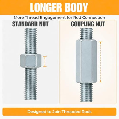 1/4-20 Hex Coupling Nut, Pack of 12 Zinc-Plated Carbon Steel Rod Coupler Extension Joiner - color: Silver, size: 1/4-20 x 1"